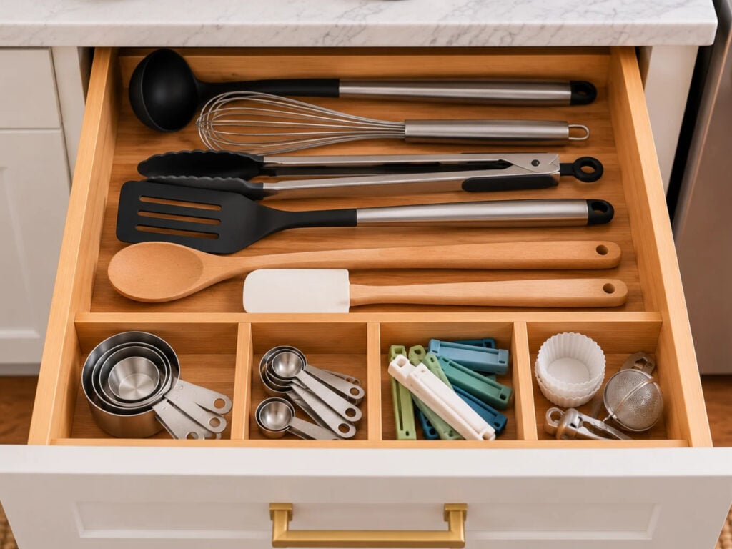 Open kitchen drawer with long utensils arranged horizontally across the back and smaller compartments organizing measuring cups, measuring spoons, and bag clips at the front.