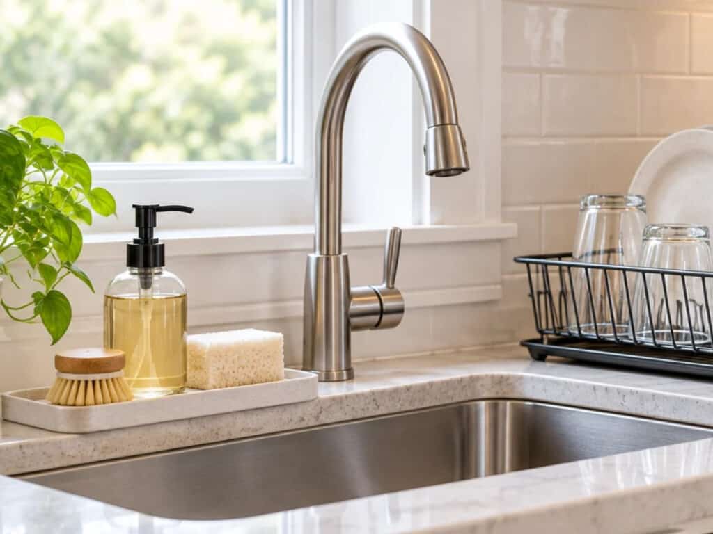 Organized kitchen sink with dish soap, sponge, and scrub brush on a tray, a drying rack for dishes, and extra cleaning supplies stored in the cabinet below.
