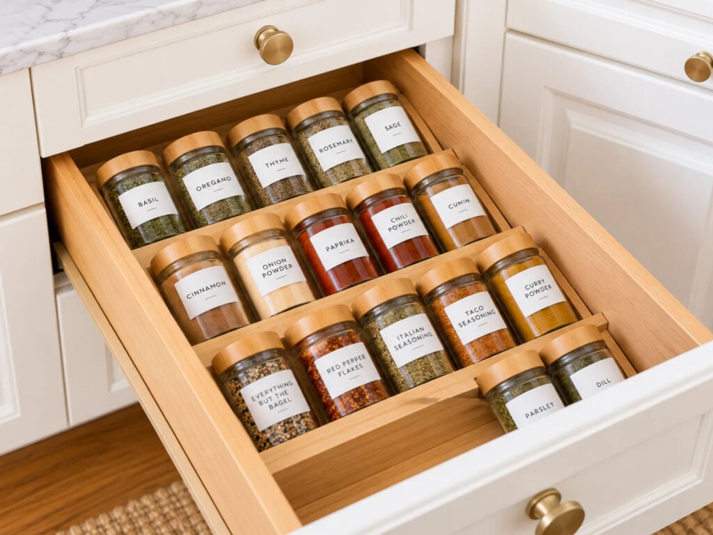 Organized kitchen spice drawer with labeled glass jars, bamboo lids, and wooden dividers keeping seasonings neatly arranged and easy to identify.