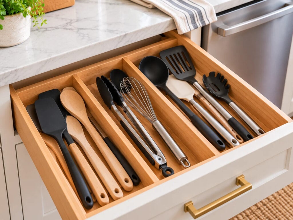 Open kitchen drawer with wooden dividers organizing spatulas, wooden spoons, whisks, tongs, and ladles in long compartments for easy access.