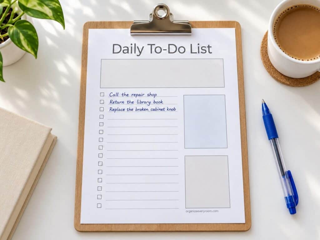 Daily To-Do List worksheet with three handwritten reminders on a white table beside a blue pen, coffee mug, and green plant.