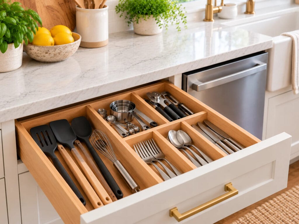 Open kitchen drawer beside a dishwasher, with wooden dividers organizing spatulas, whisks, measuring cups, forks, spoons, and knives for easy access.
