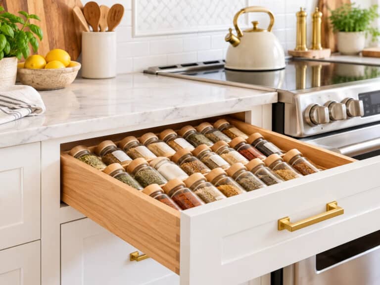 Organized kitchen spice drawer with neatly arranged glass spice jars, wooden lids, and a built-in organizer beside a stainless steel stove in a bright white kitchen.